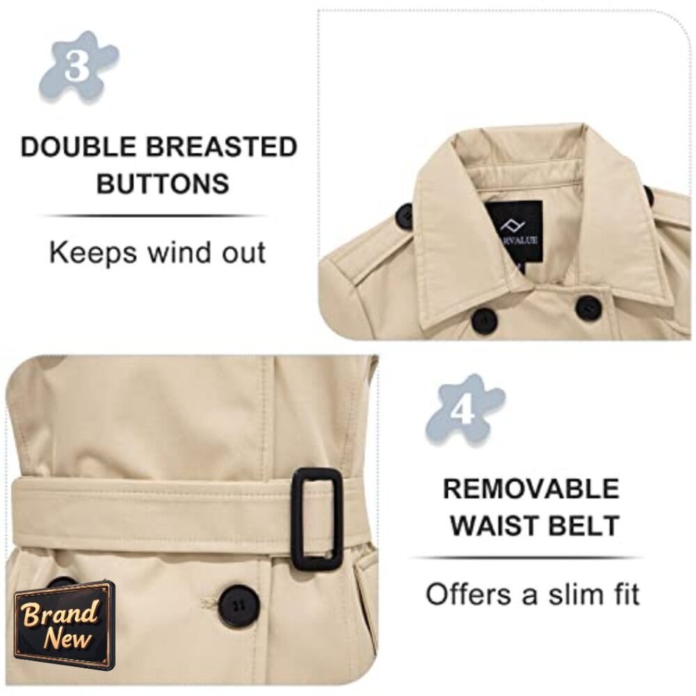 Waterproof Trench Coat with Removable Hood, Double Breasted, Belted Lapel - Picture 6 of 7